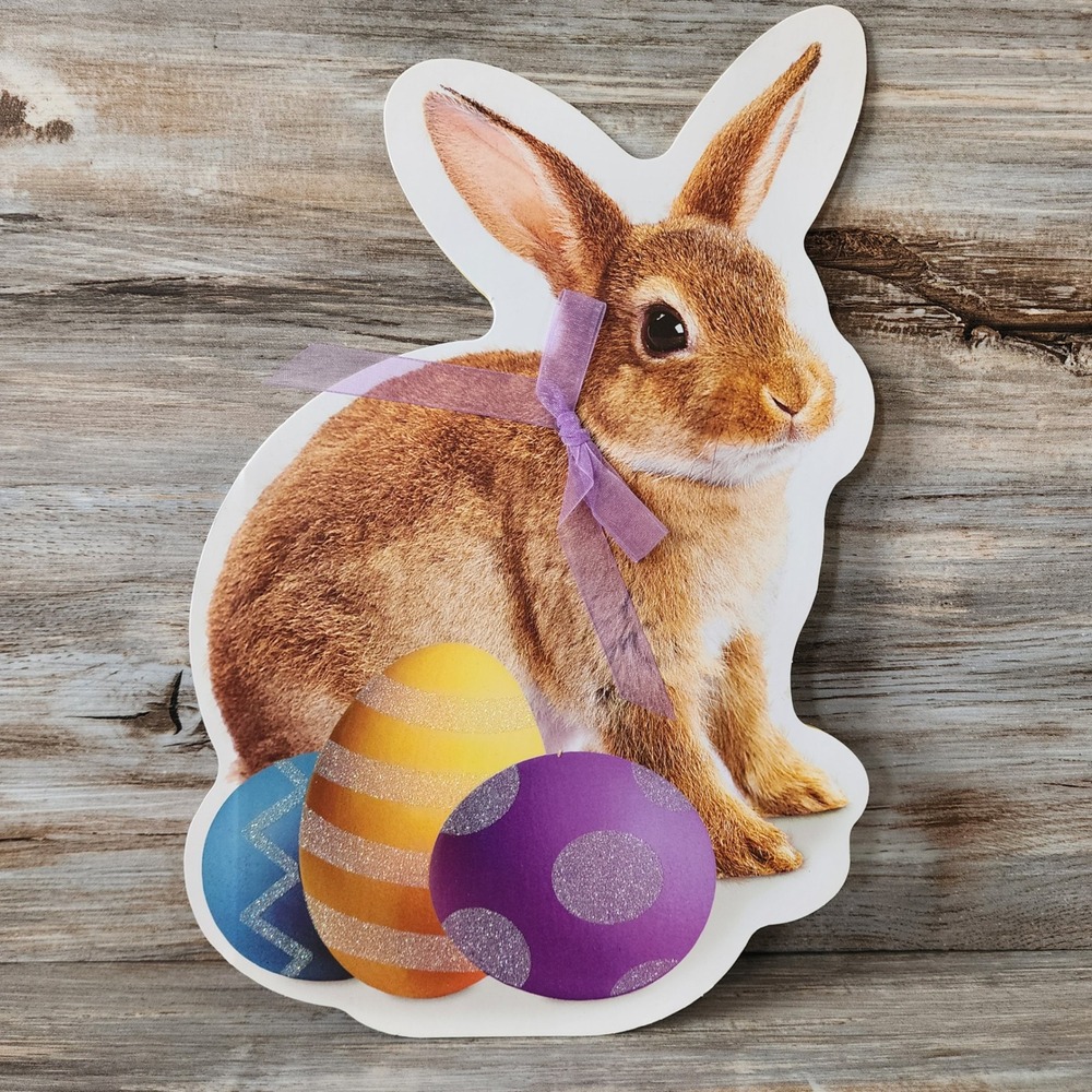 Easter Greeting Card Die Cut Bunny Rabbit Purple Ribbon Glitter Eggs Spring